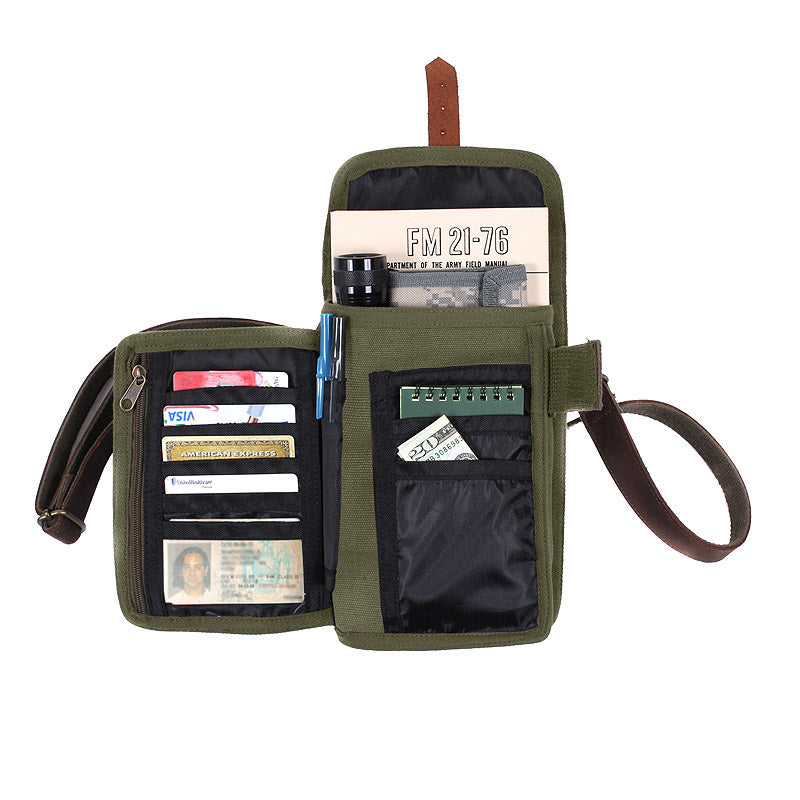 Bolsa de hombro TRAVEL verde de lona con detalles en piel, ideal para documentos y accesorios pequeños