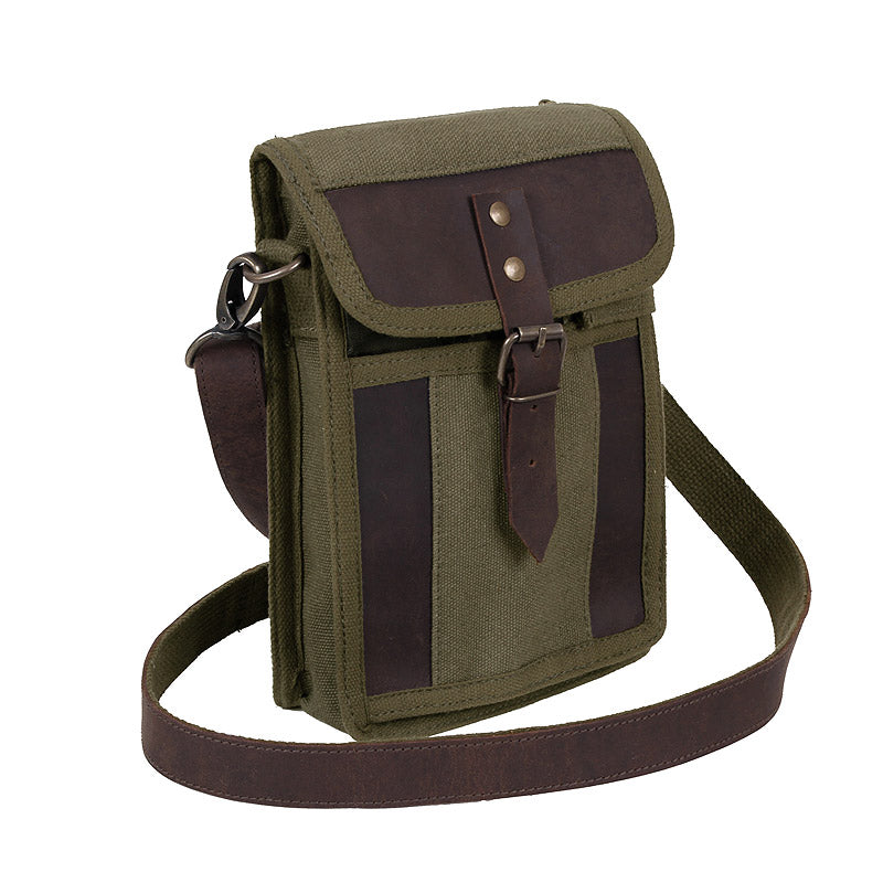 Bolsa de hombro TRAVEL verde de lona con detalles en piel, ideal para documentos y accesorios pequeños