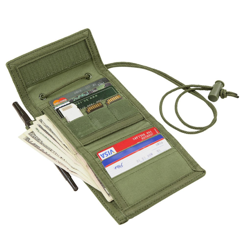 Cartera colgante ID VAULT verde con panel para identificación y cordón para el cuello
