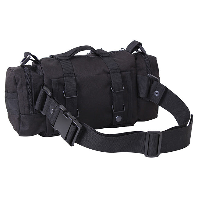 Bolsa táctica CONVERTIPACK negra, poliéster 600D, uso mano/hombro/riñonera y compatible con MOLLE