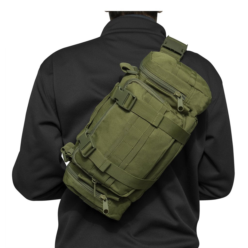 Bolsa táctica CONVERTIPACK negra, poliéster 600D, uso mano/hombro/riñonera y compatible con MOLLE