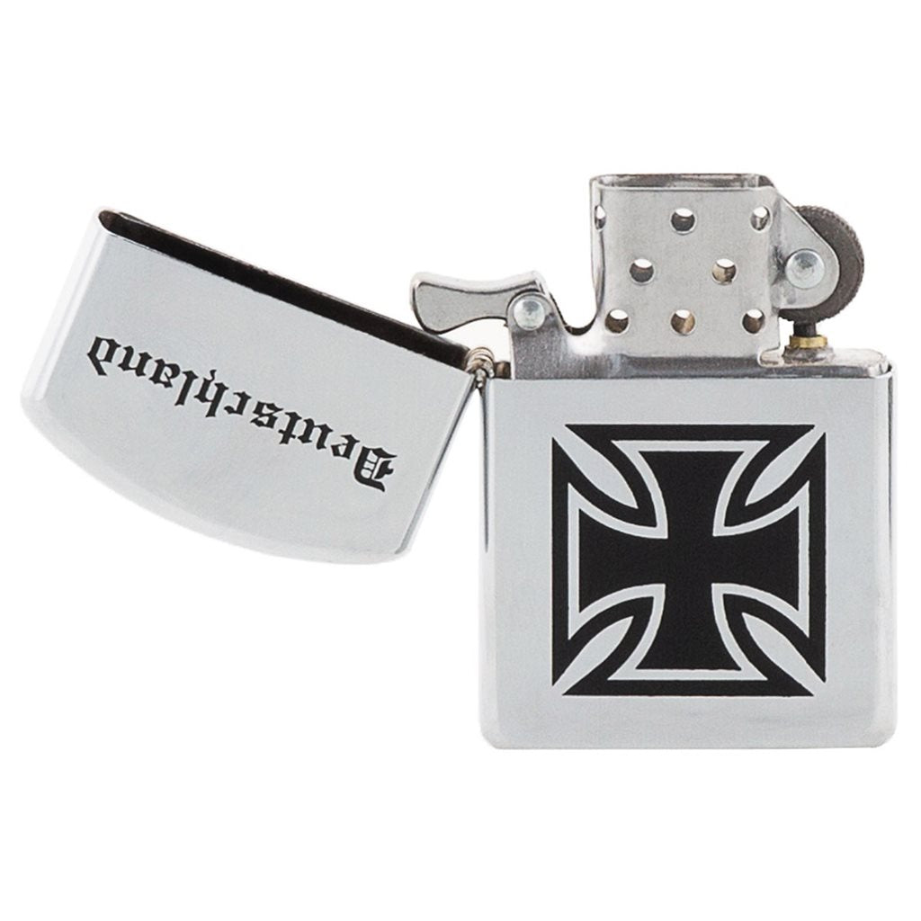 Encendedor de gasolina cromado con logo negro Balkenkreuz (sin carga)