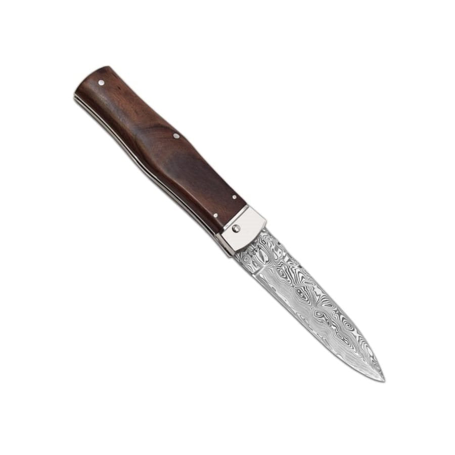 Cuchillo de acero damasco con mango de palisandro o nogal turco y funda de cuero