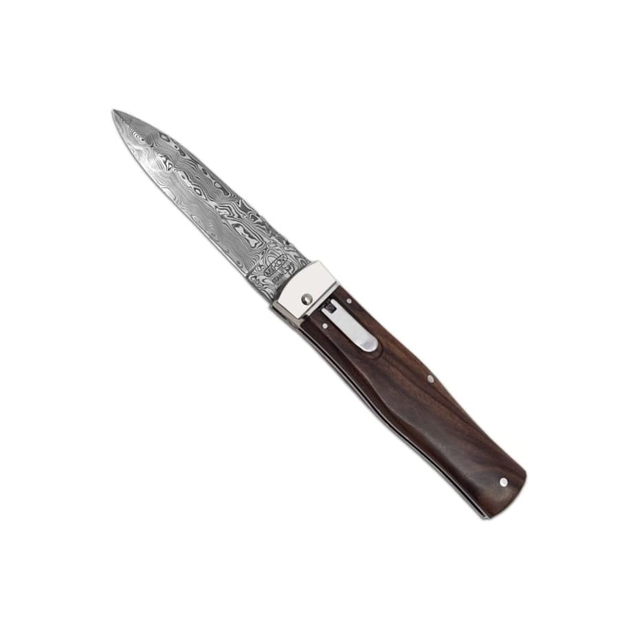 Cuchillo de acero damasco con mango de palisandro o nogal turco y funda de cuero