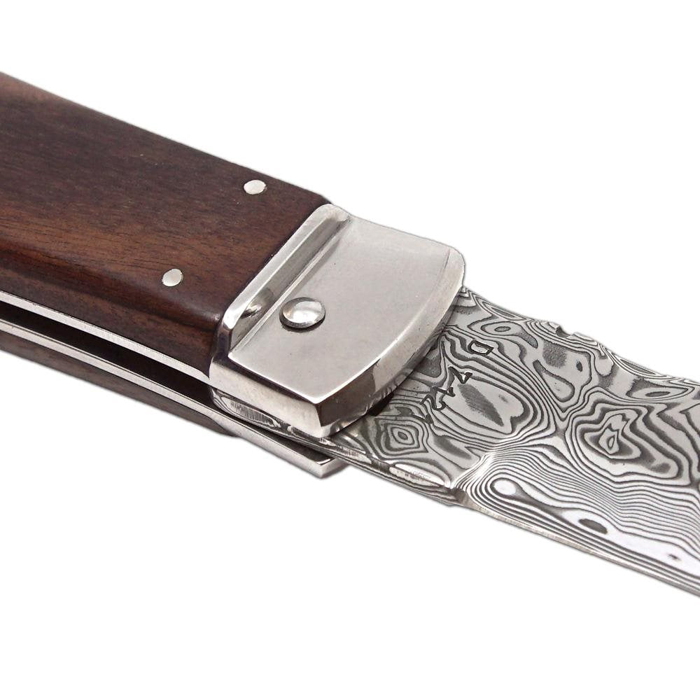 Cuchillo de acero damasco con mango de palisandro o nogal turco y funda de cuero