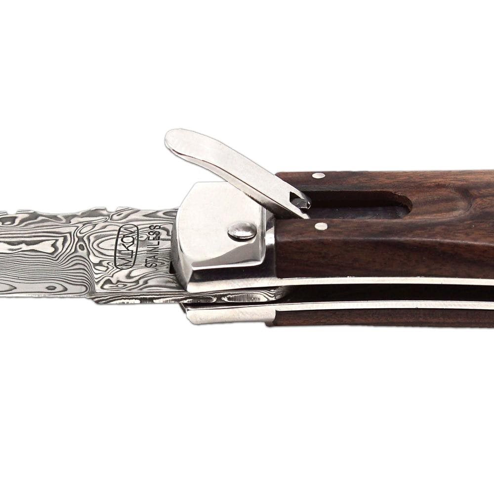 Cuchillo de acero damasco con mango de palisandro o nogal turco y funda de cuero