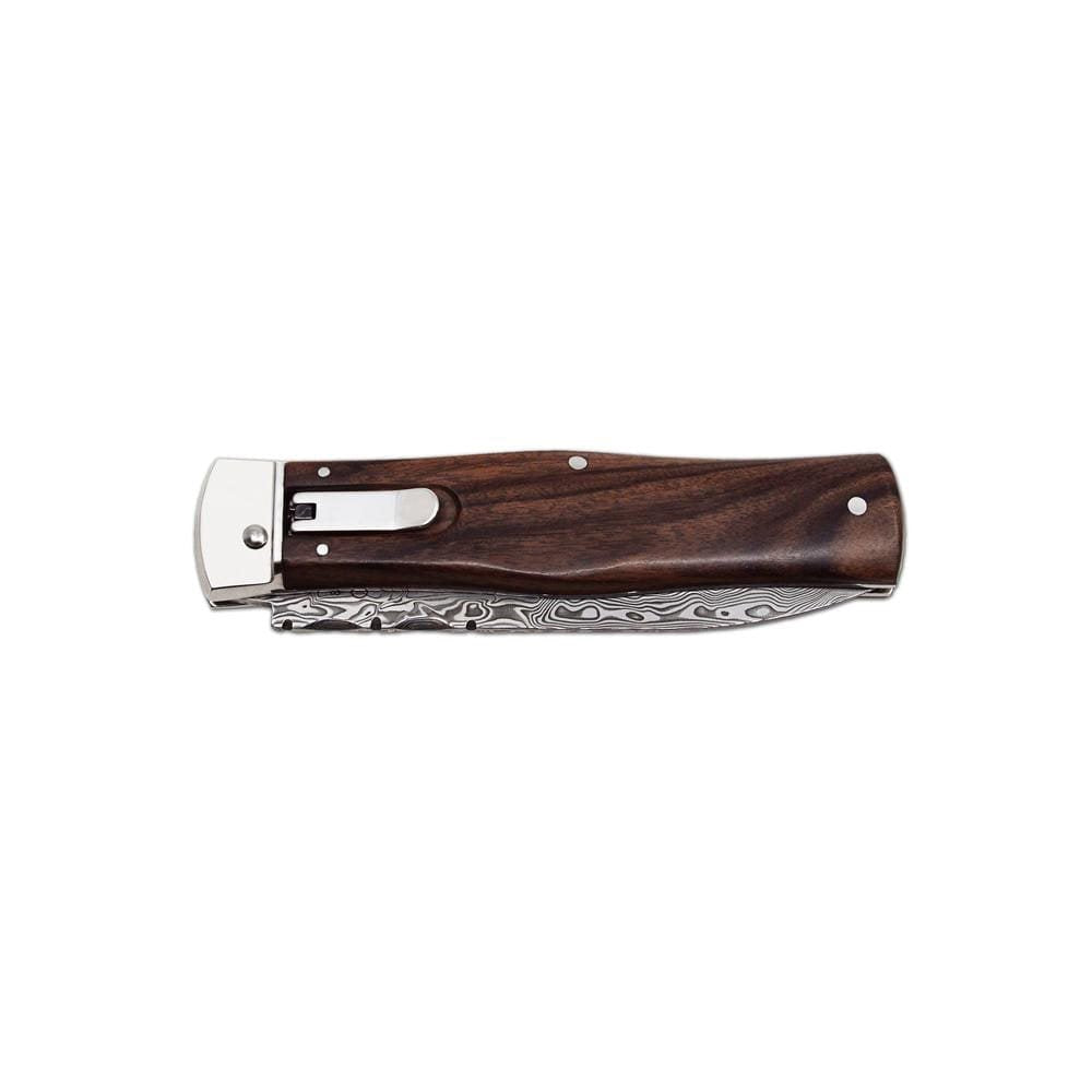 Cuchillo de acero damasco con mango de palisandro o nogal turco y funda de cuero
