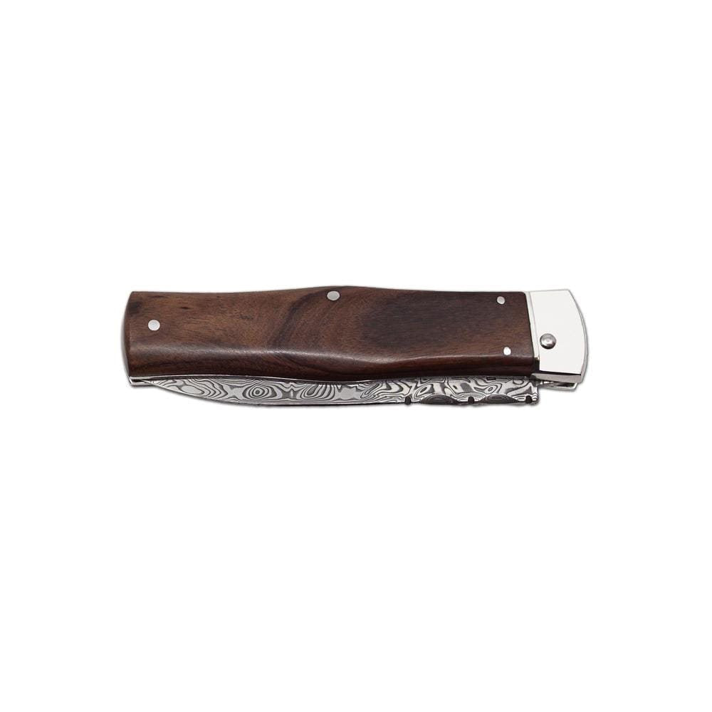Cuchillo de acero damasco con mango de palisandro o nogal turco y funda de cuero