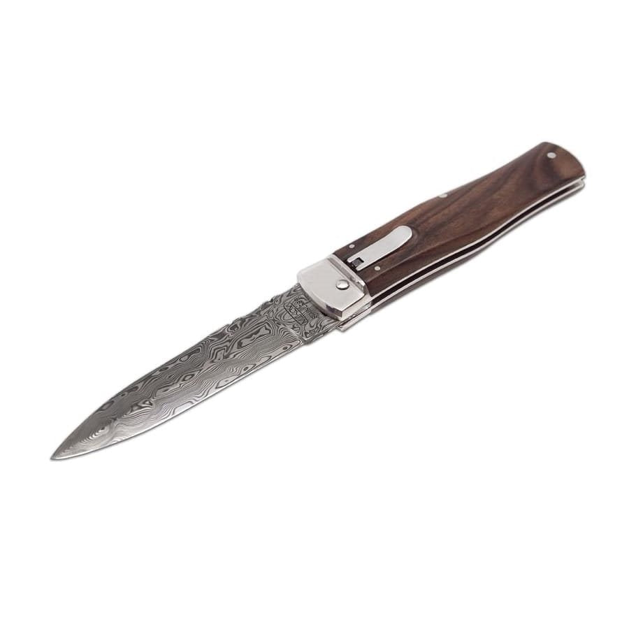 Cuchillo de acero damasco con mango de palisandro o nogal turco y funda de cuero
