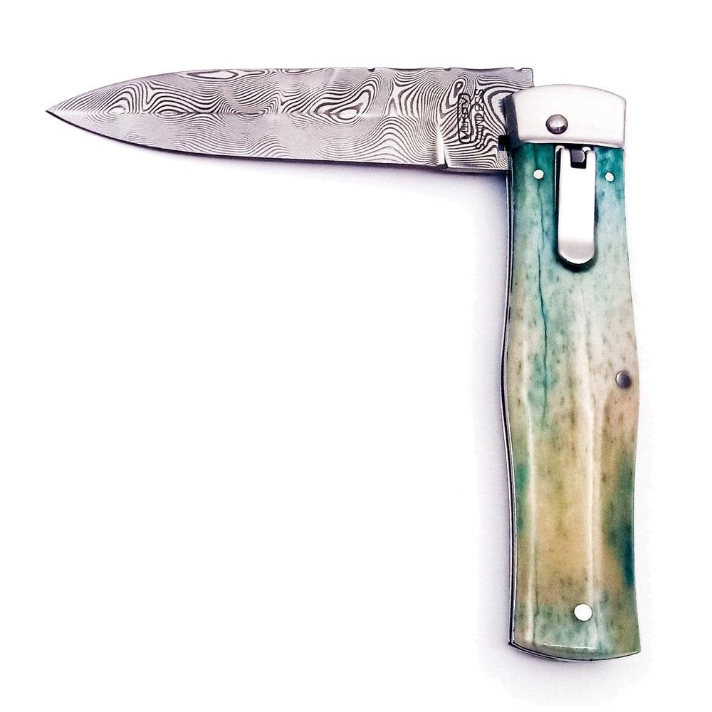 Cuchillo arrojadizo de acero damasco con mango de hueso y funda de cuero