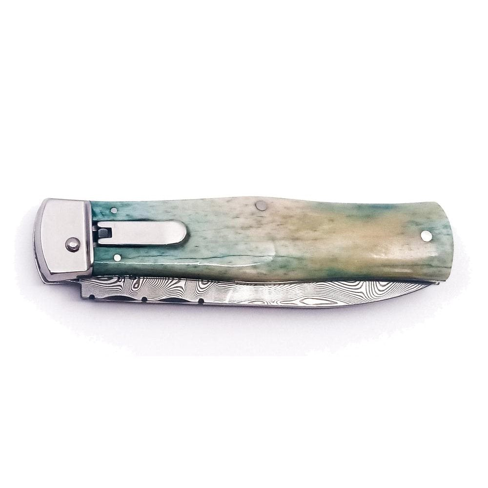 Cuchillo arrojadizo de acero damasco con mango de hueso y funda de cuero