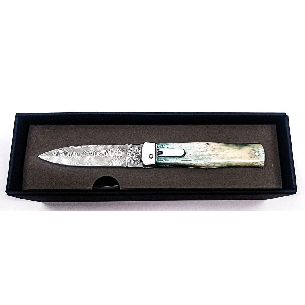 Cuchillo arrojadizo de acero damasco con mango de hueso y funda de cuero