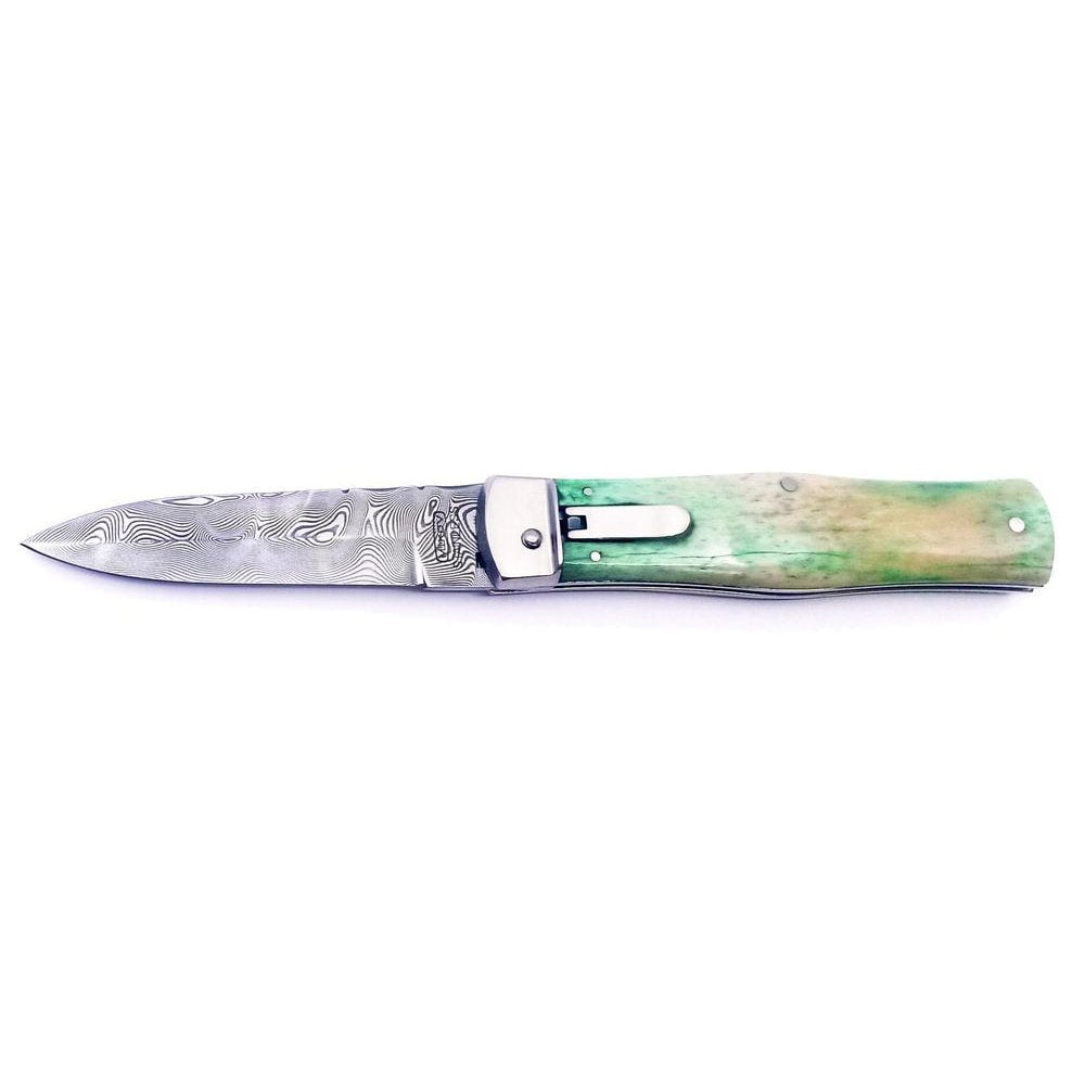 Cuchillo arrojadizo de acero damasco con mango de hueso y funda de cuero