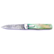 Cuchillo arrojadizo de acero damasco con mango de hueso y funda de cuero