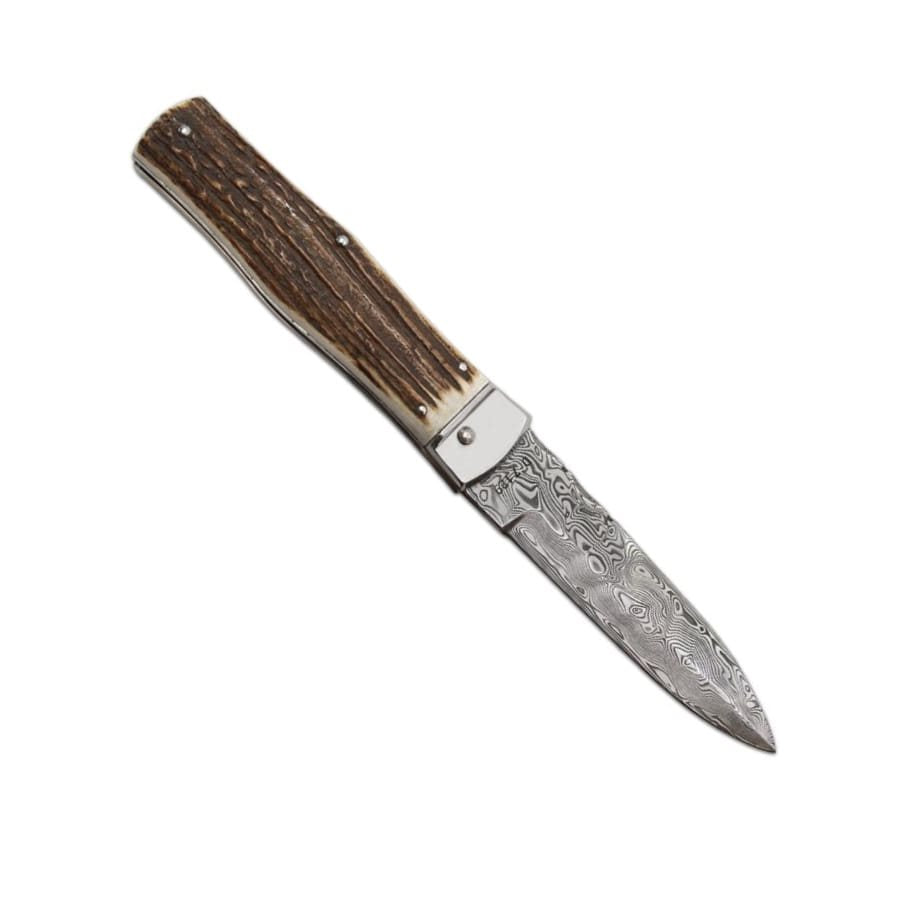 Cuchillo lanzador de acero damasco con empuñadura de asta de ciervo y funda de cuero