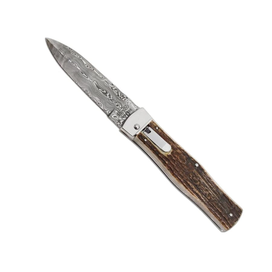 Cuchillo lanzador de acero damasco con empuñadura de asta de ciervo y funda de cuero