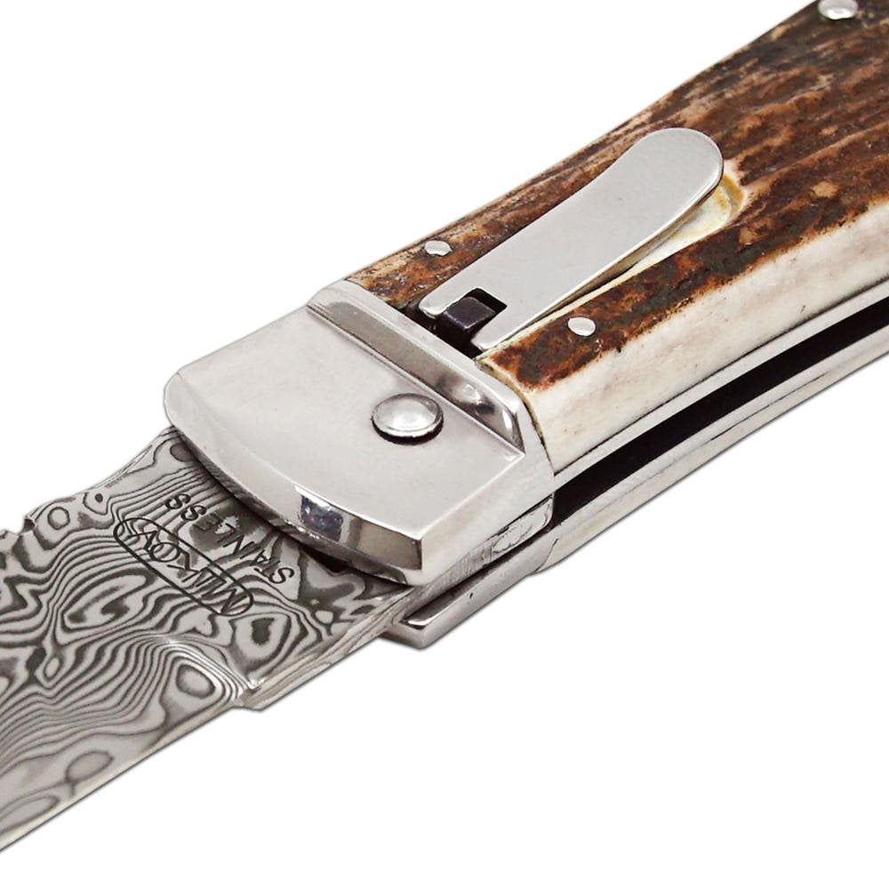 Cuchillo lanzador de acero damasco con empuñadura de asta de ciervo y funda de cuero