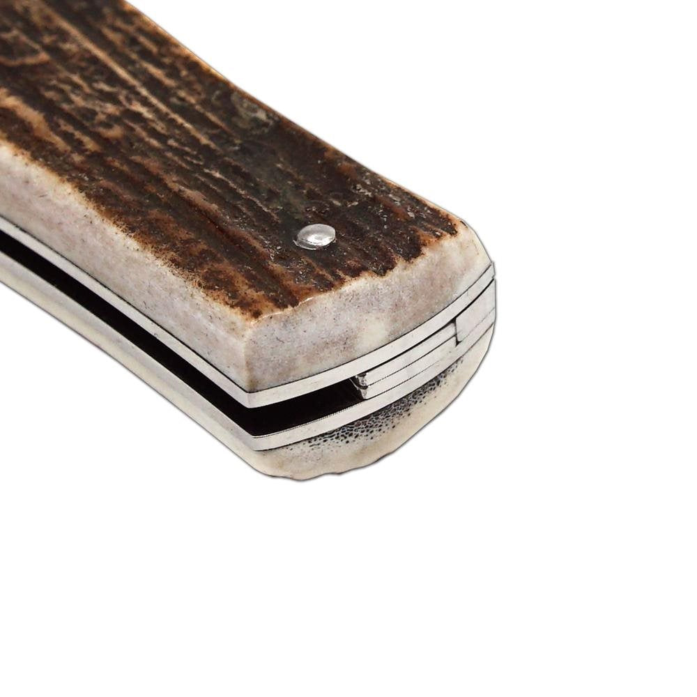 Cuchillo lanzador de acero damasco con empuñadura de asta de ciervo y funda de cuero