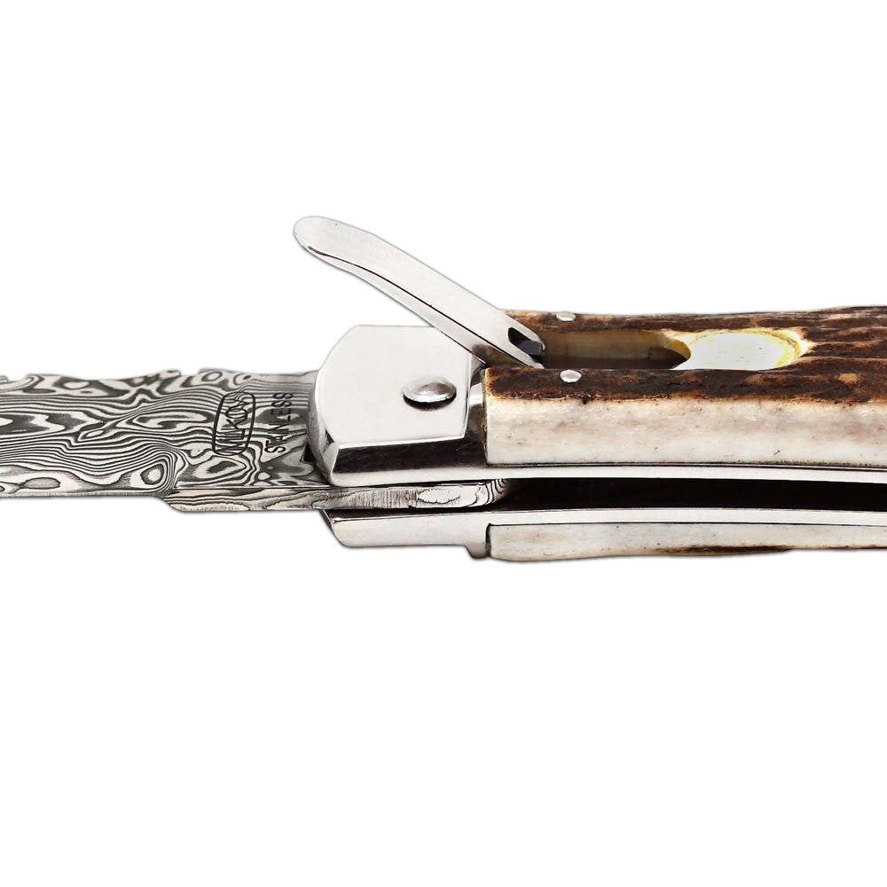Cuchillo lanzador de acero damasco con empuñadura de asta de ciervo y funda de cuero