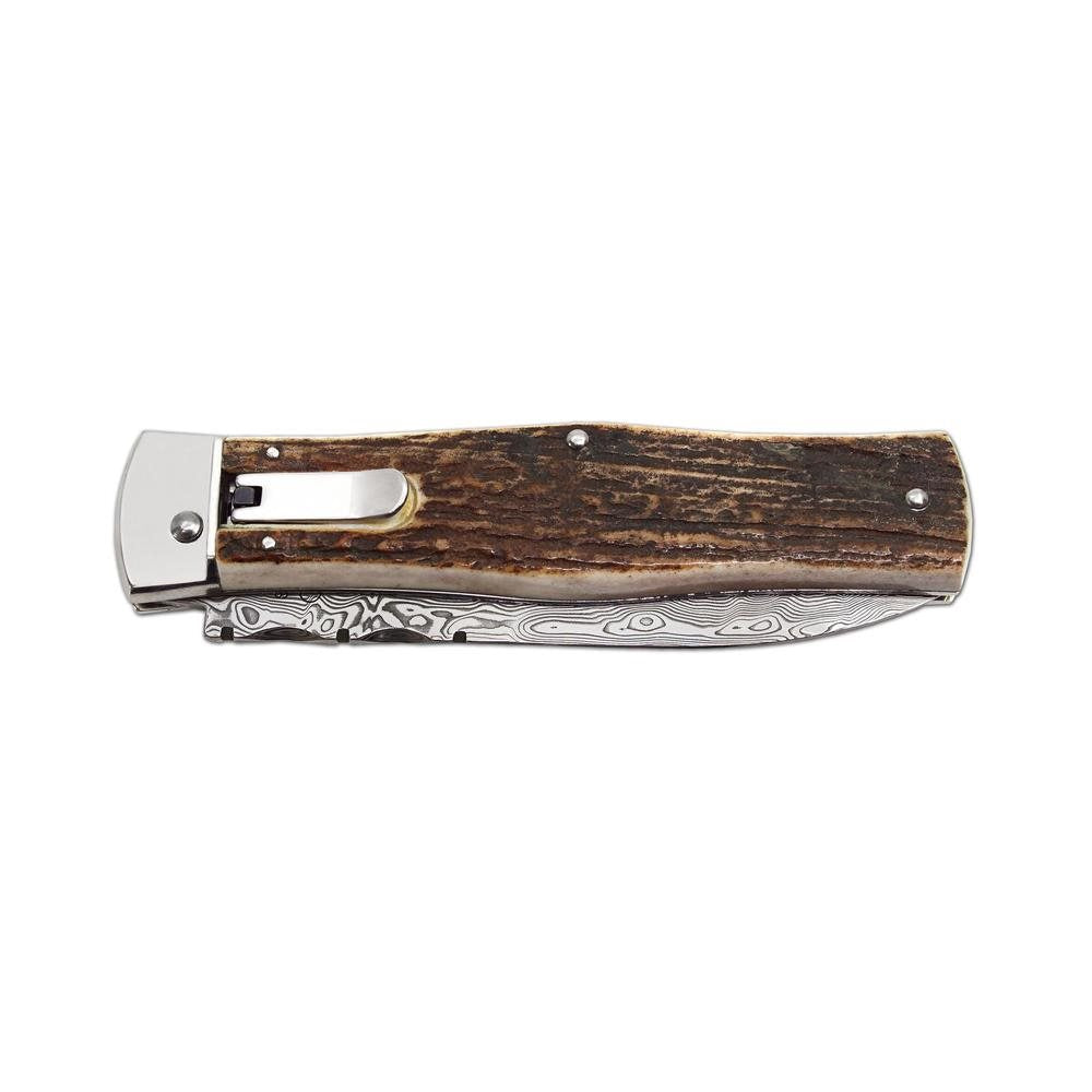 Cuchillo lanzador de acero damasco con empuñadura de asta de ciervo y funda de cuero
