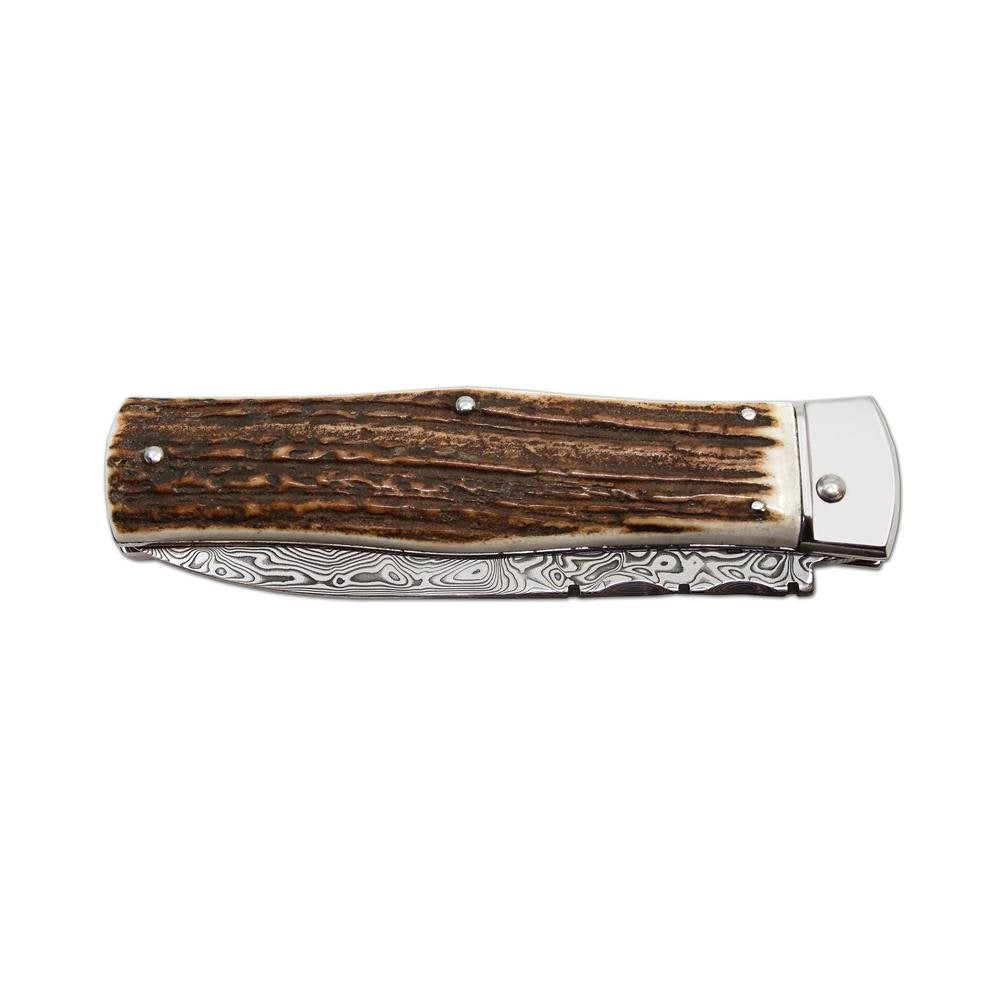 Cuchillo lanzador de acero damasco con empuñadura de asta de ciervo y funda de cuero