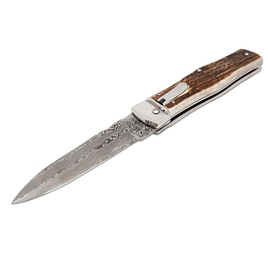 Cuchillo lanzador de acero damasco con empuñadura de asta de ciervo y funda de cuero