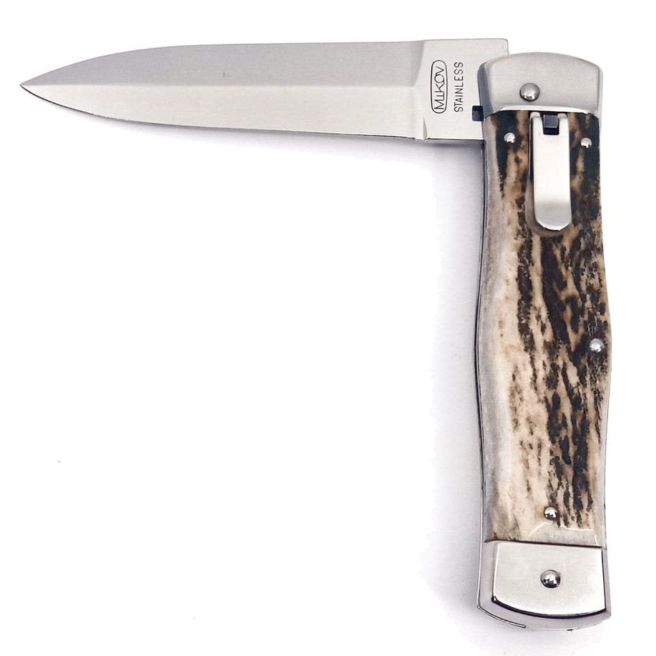 Cuchillo de lanzamiento HAMMER, hoja en acero 420 y mango de asta de ciervo, incluye funda de cuero