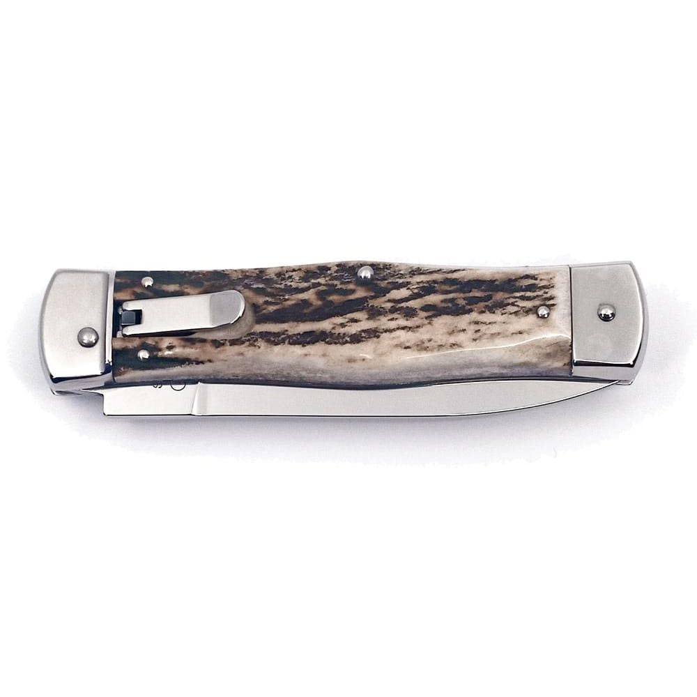 Cuchillo de lanzamiento HAMMER, hoja en acero 420 y mango de asta de ciervo, incluye funda de cuero