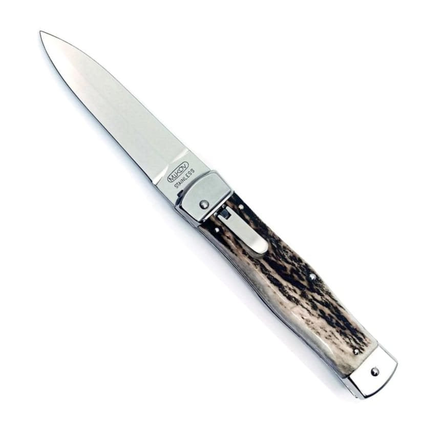 Cuchillo de lanzamiento HAMMER, hoja en acero 420 y mango de asta de ciervo, incluye funda de cuero