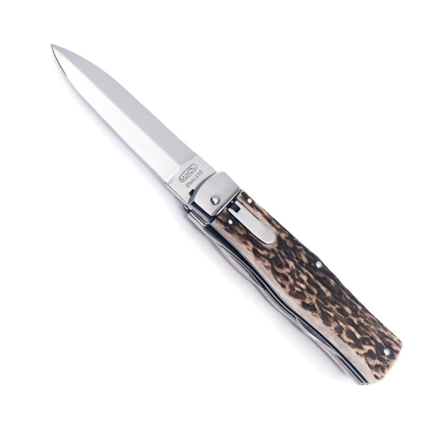 Cuchillo lanzador 4/KP acero 420 mango de asta con funda de cuero