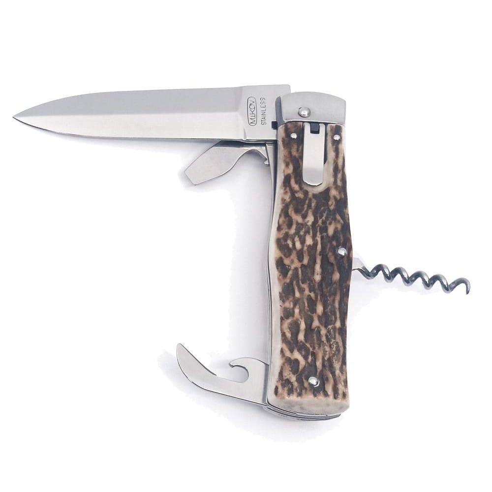 Cuchillo lanzador 4/KP acero 420 mango de asta con funda de cuero