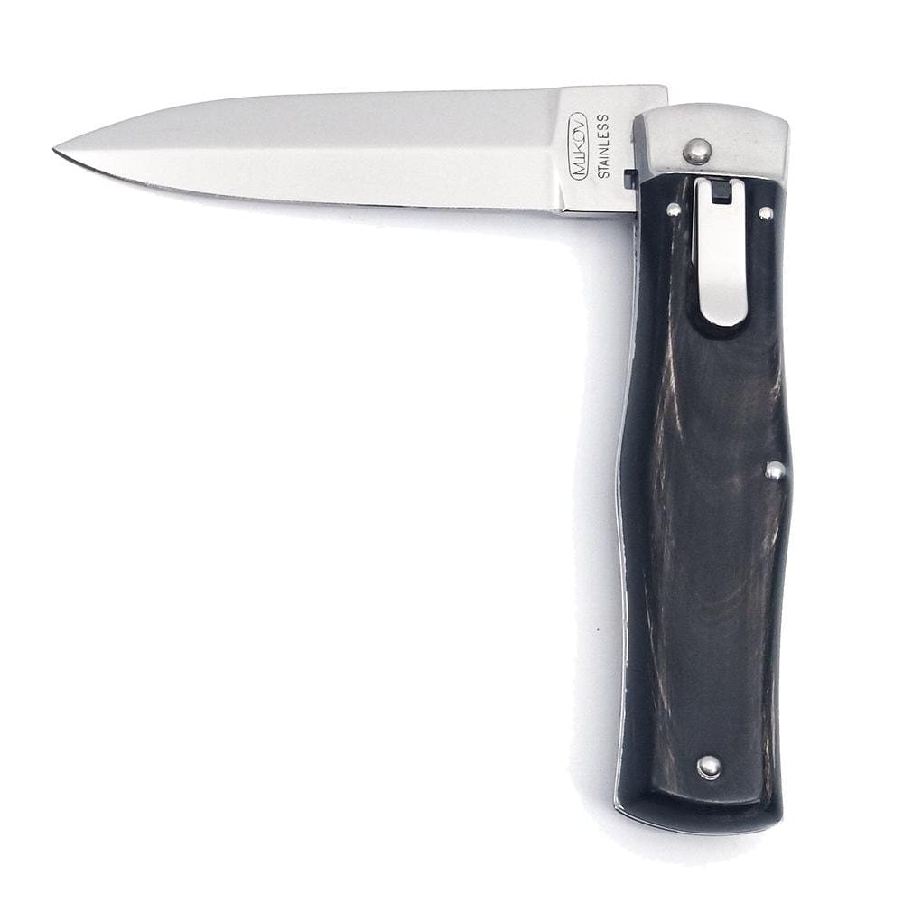 Cuchillo arrojadizo con mango de cuerno de bufalo y funda de cuero, hoja 95 mm, acero 420