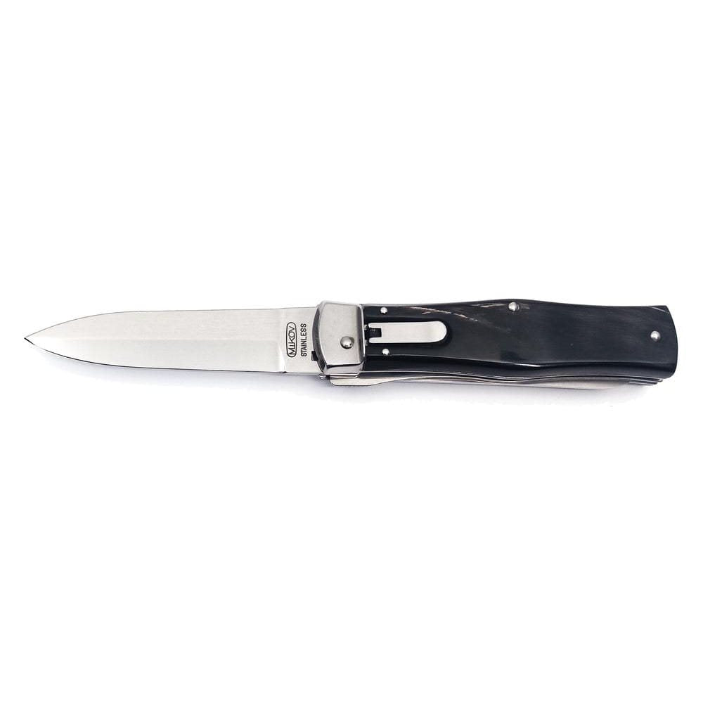 Cuchillo lanzador 2/KP acero inoxidable con empuñadura de cuerno de búfalo y funda de cuero