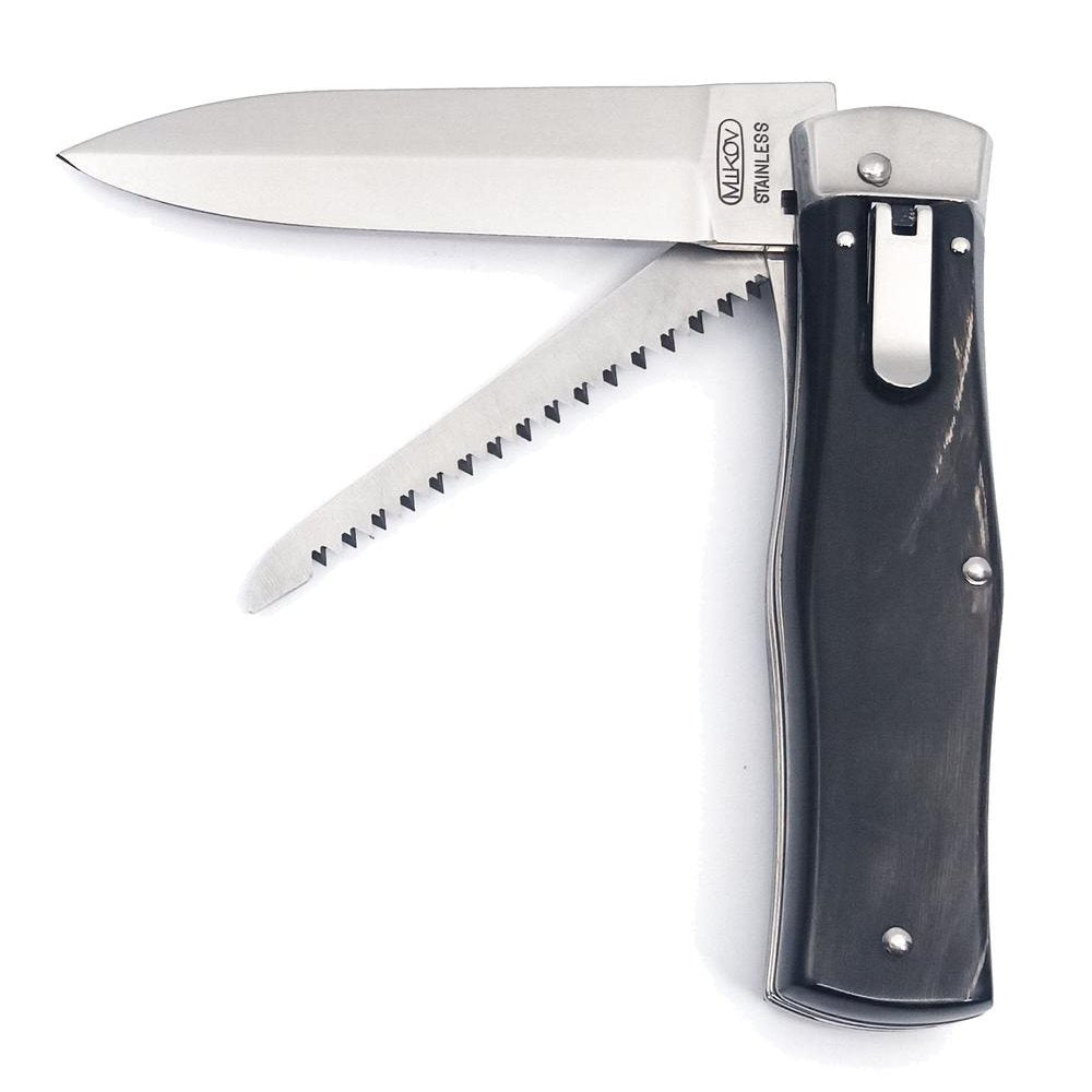 Cuchillo lanzador 2/KP acero inoxidable con empuñadura de cuerno de búfalo y funda de cuero