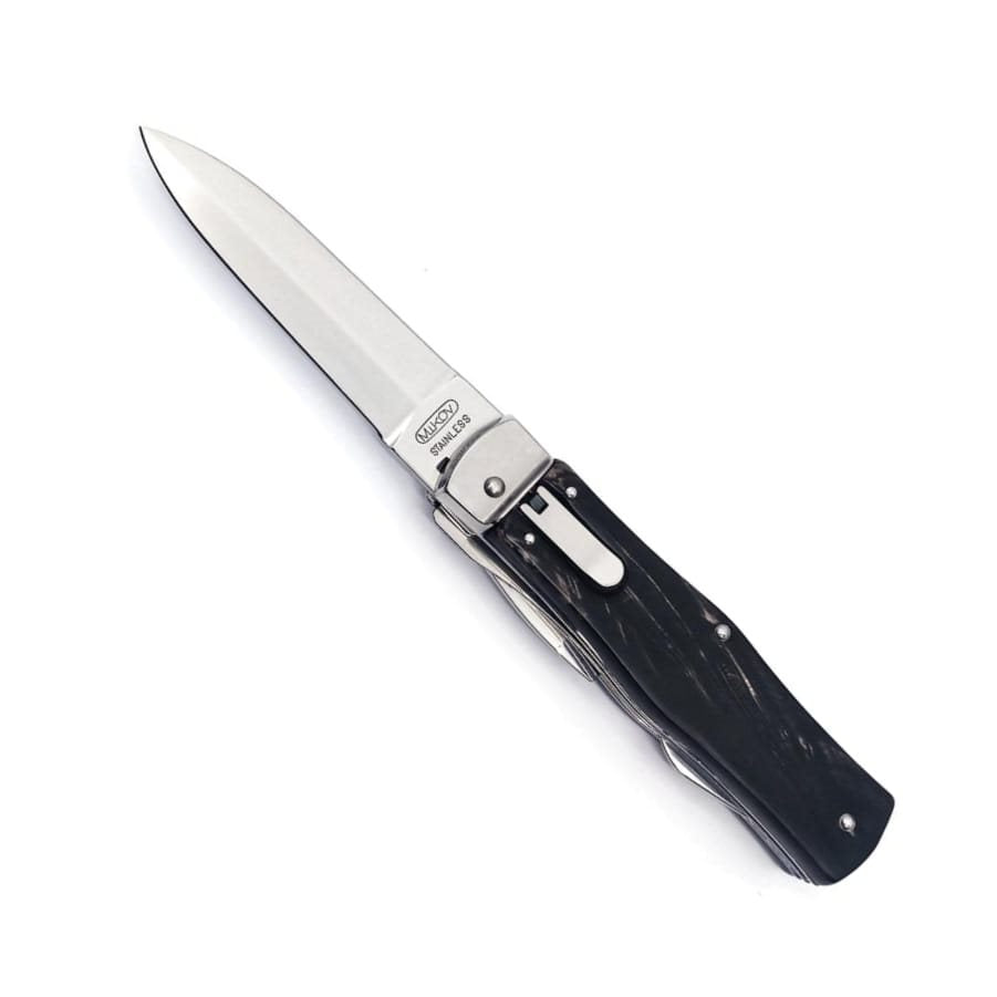 Cuchillo lanzador 2/KP acero inoxidable con empuñadura de cuerno de búfalo y funda de cuero
