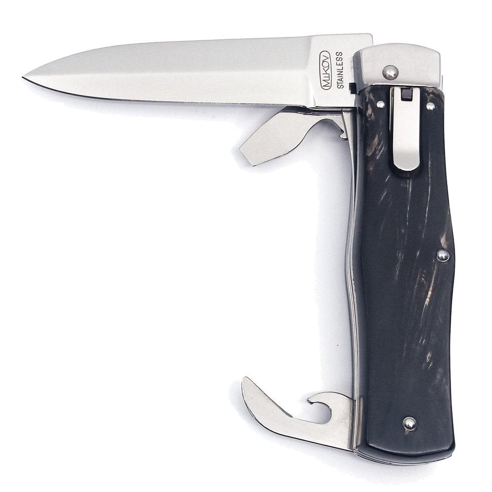 Cuchillo lanzador 2/KP acero inoxidable con empuñadura de cuerno de búfalo y funda de cuero