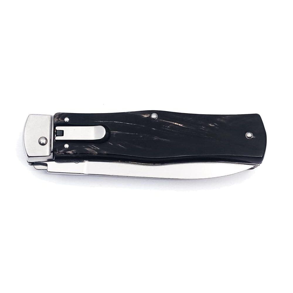 Cuchillo lanzador 2/KP acero inoxidable con empuñadura de cuerno de búfalo y funda de cuero