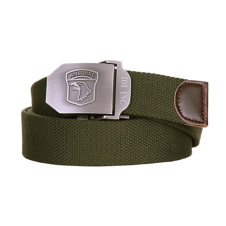 Cinturón Airborne de lona verde con hebilla metálica mate y emblema 101, ancho 35 mm