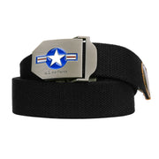 Cinturón USAF WWII de lona negro con hebilla metálica mate y insignia, 35 mm