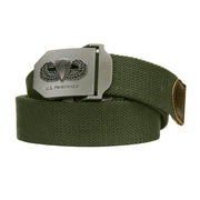 Cinturón U.S. Paratrooper de lona verde con hebilla metálica mate y emblema, ancho 35 mm