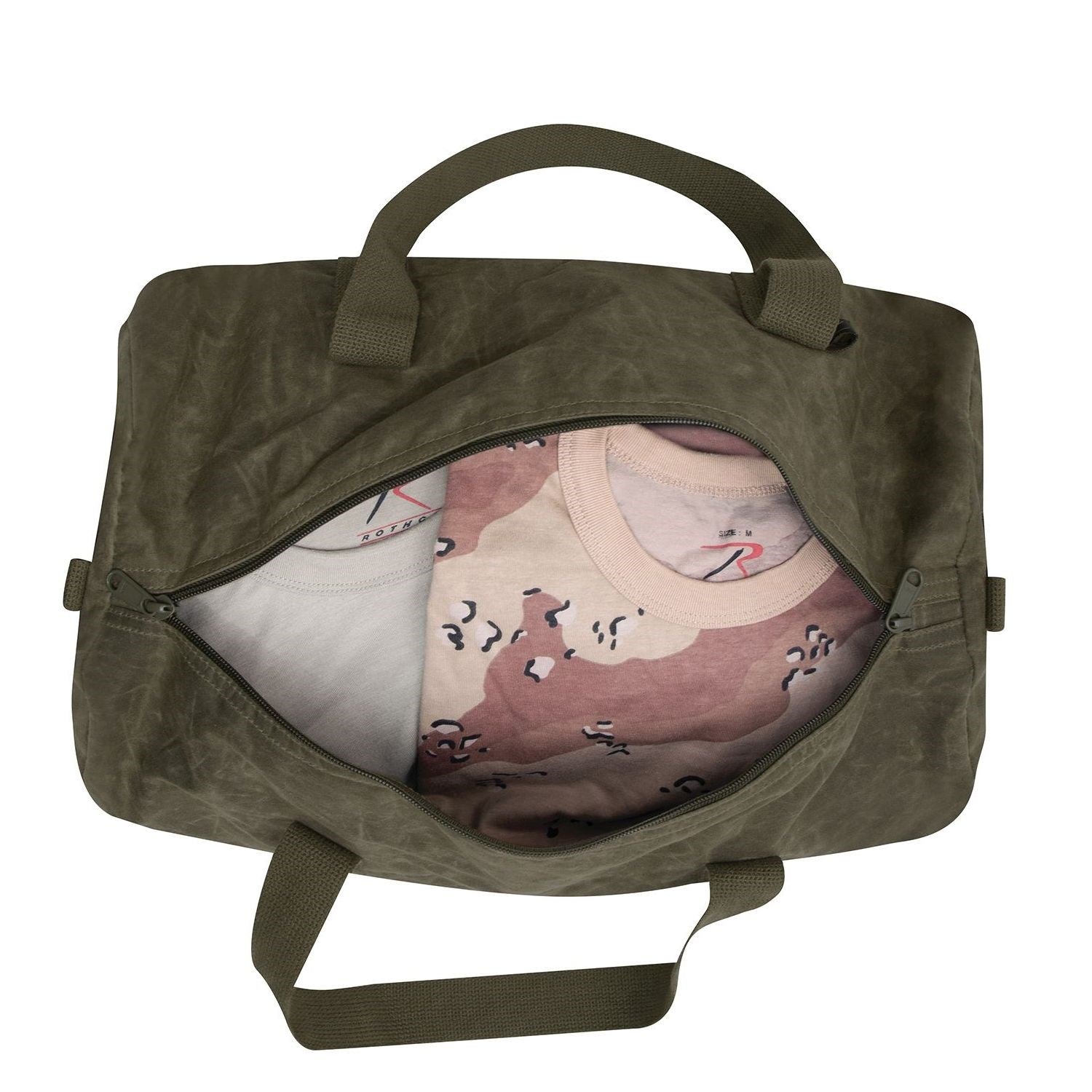 Bolsa duffle encerada verde de lona 48 x 23 cm, correa ajustable y bolsillo lateral