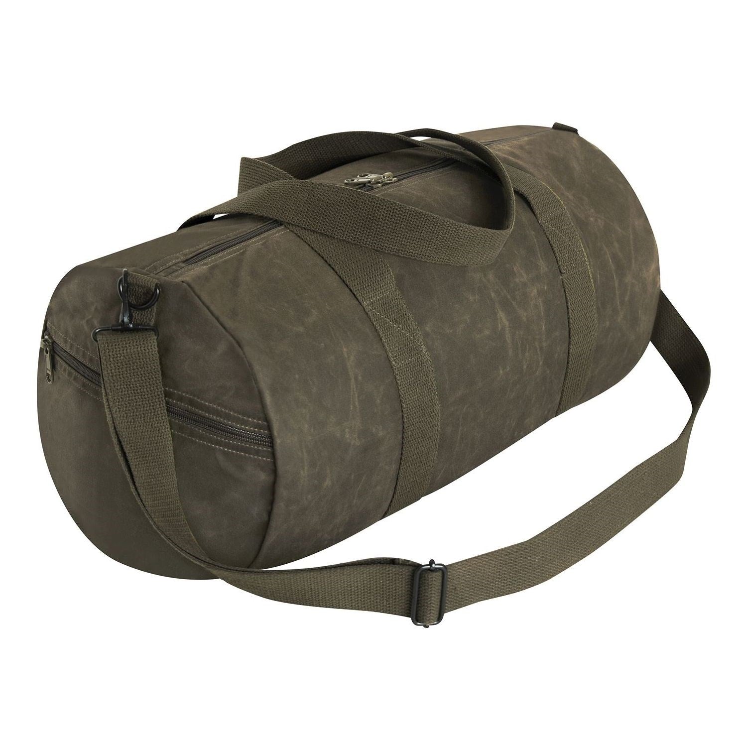Bolsa duffle encerada de lona, 48 x 23 cm, correa de hombro ajustable y bolsillo lateral con cremallera