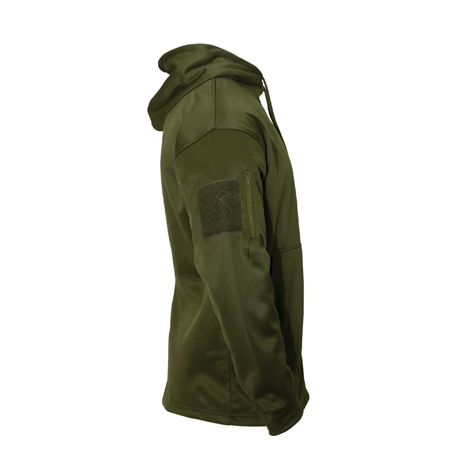 Sudadera verde con capucha, bolsillos en mangas y panel velcro para porte oculto, 100% poliéster
