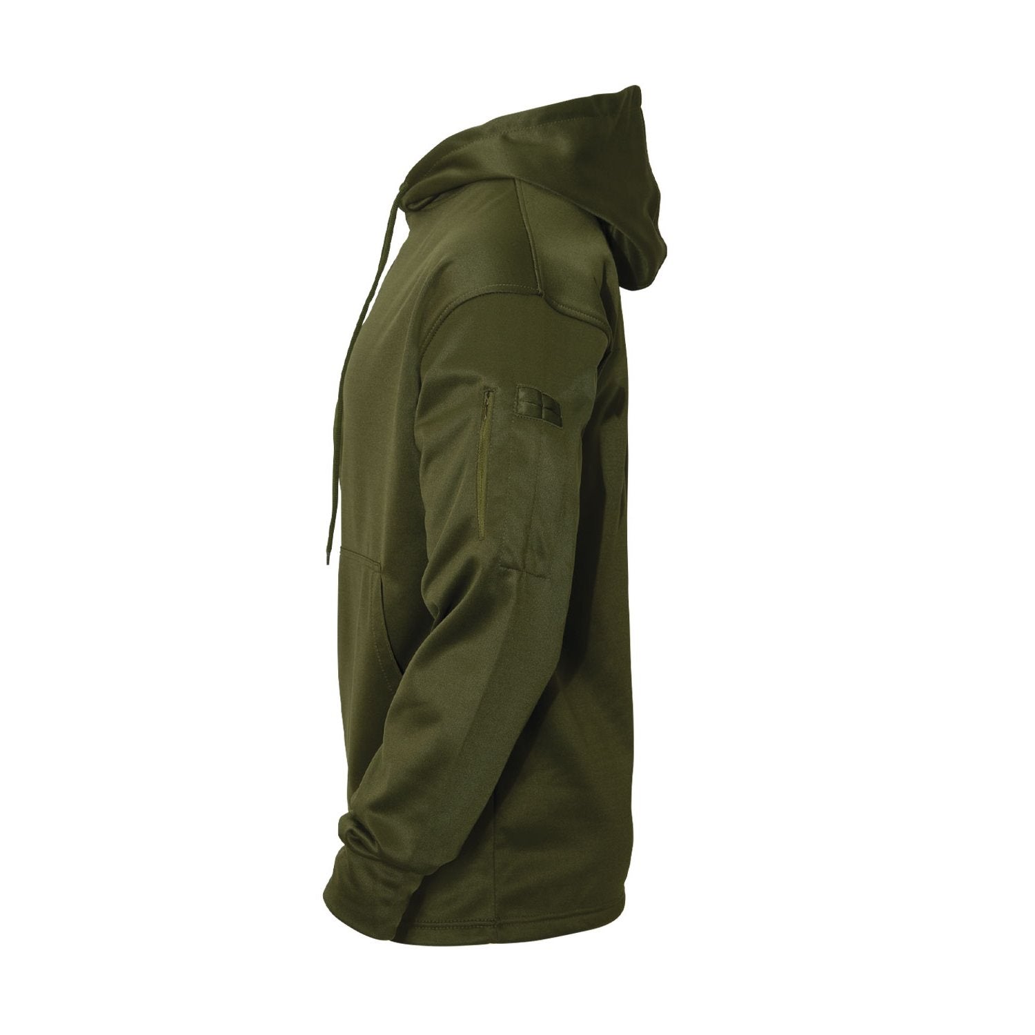 Sudadera verde con capucha, bolsillos en mangas y panel velcro para porte oculto, 100% poliéster
