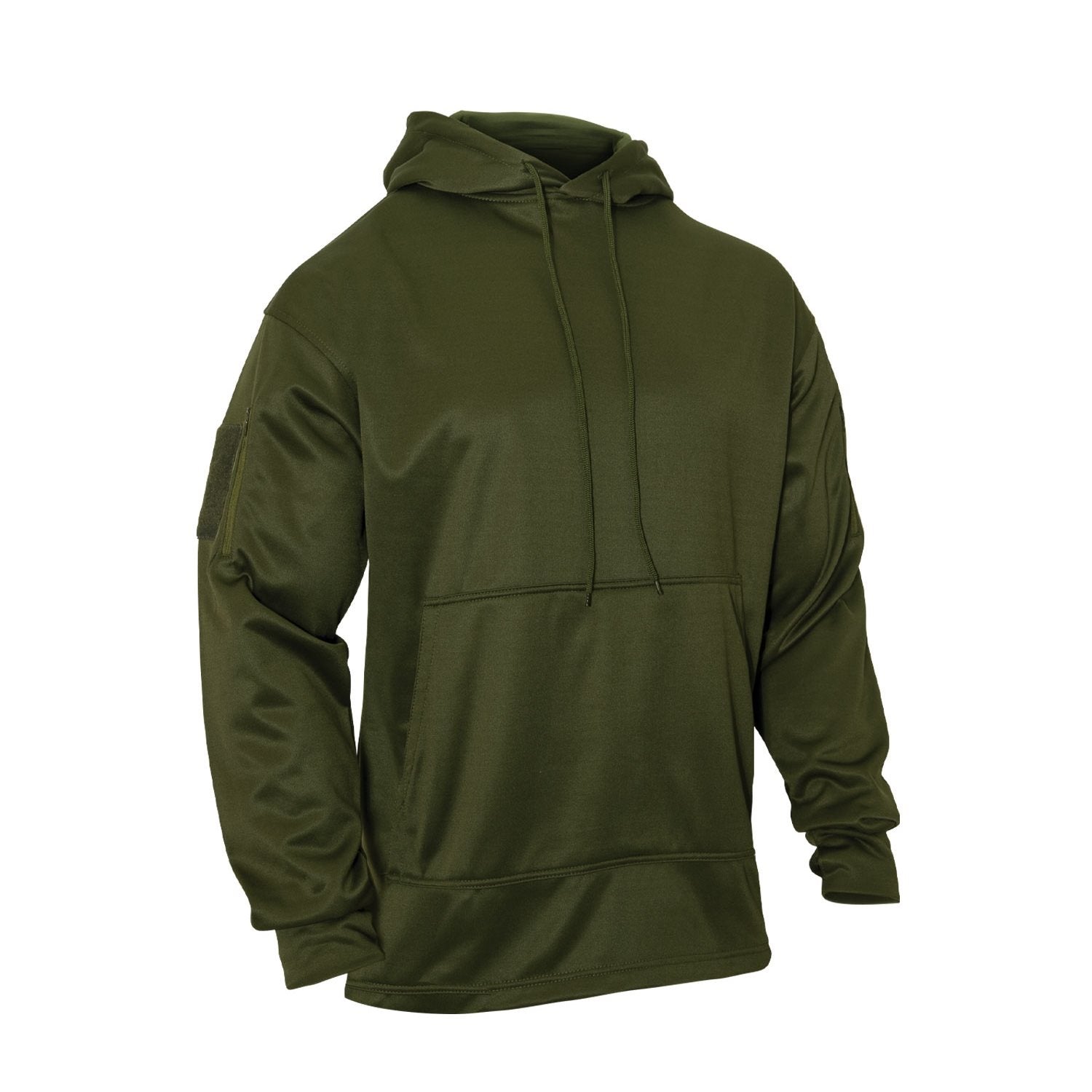 Sudadera verde con capucha, bolsillos en mangas y panel velcro para porte oculto, 100% poliéster