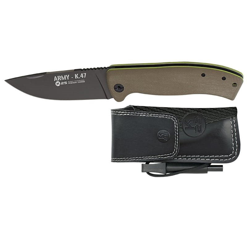 Navaja táctica ARMY K.47 con funda de cuero y pedernal de emergencia