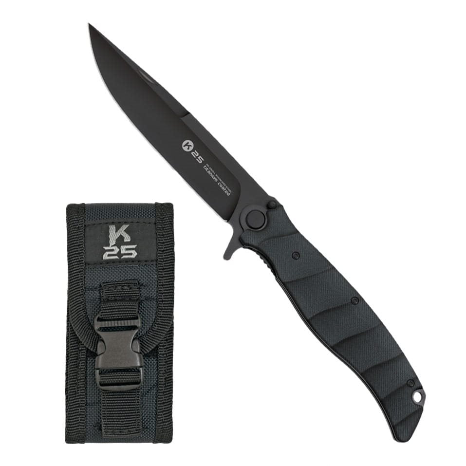 Cuchillo plegable K25 G10 con hoja negra y funda, mango anatómico con cachas G10