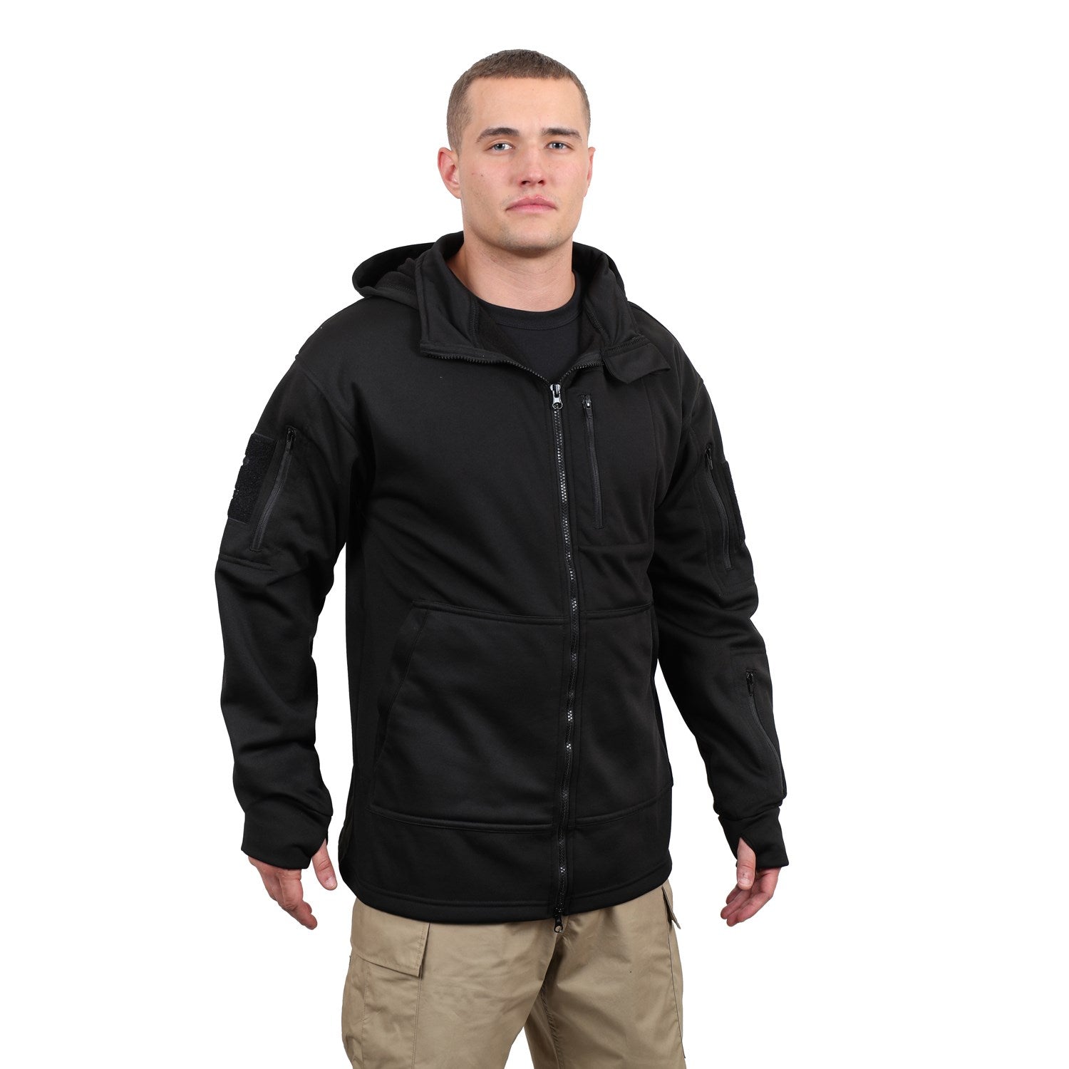 Chaqueta TACTICAL con capucha en color negro vista frontal