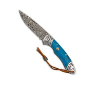 Navaja plegable BLUE LAKE con hoja lisa de acero damasco y mango azul