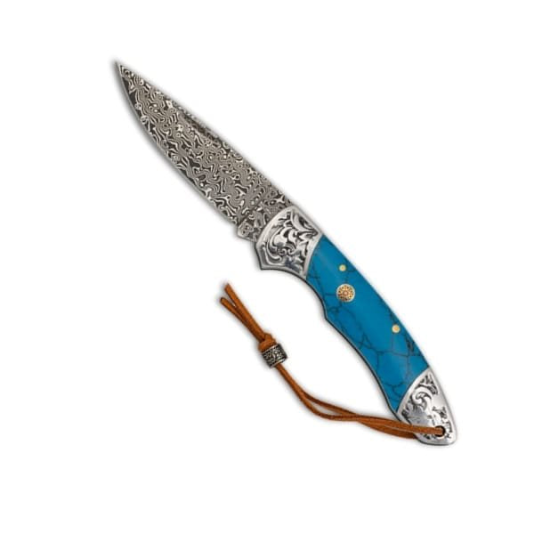 Navaja plegable BLUE LAKE con hoja lisa de acero damasco y mango azul